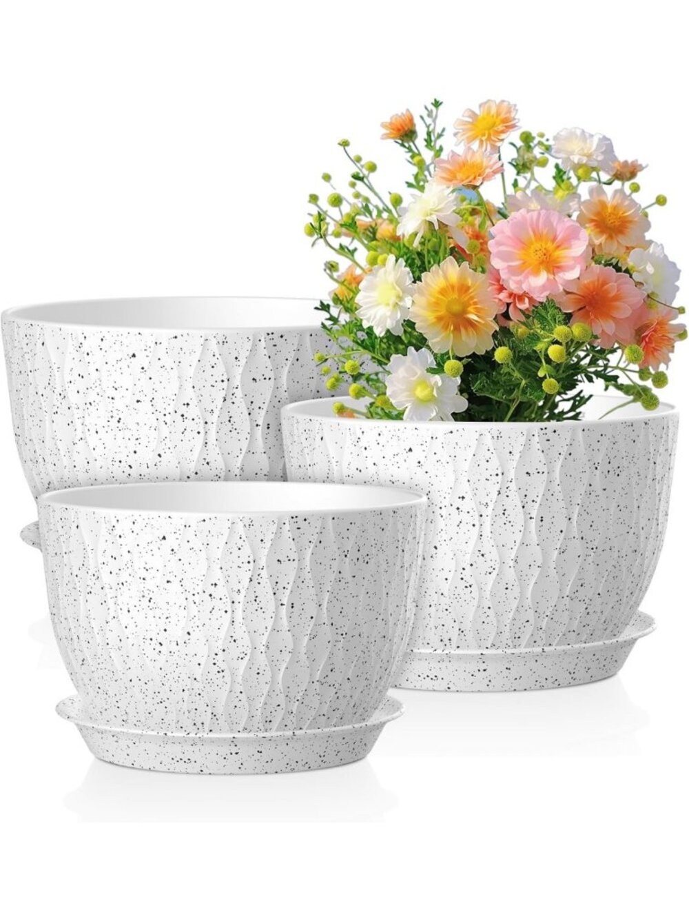 Set of 3 Large Flower Pots - 12/10/9 inch Indoor/Outdoor Planters with Drainage